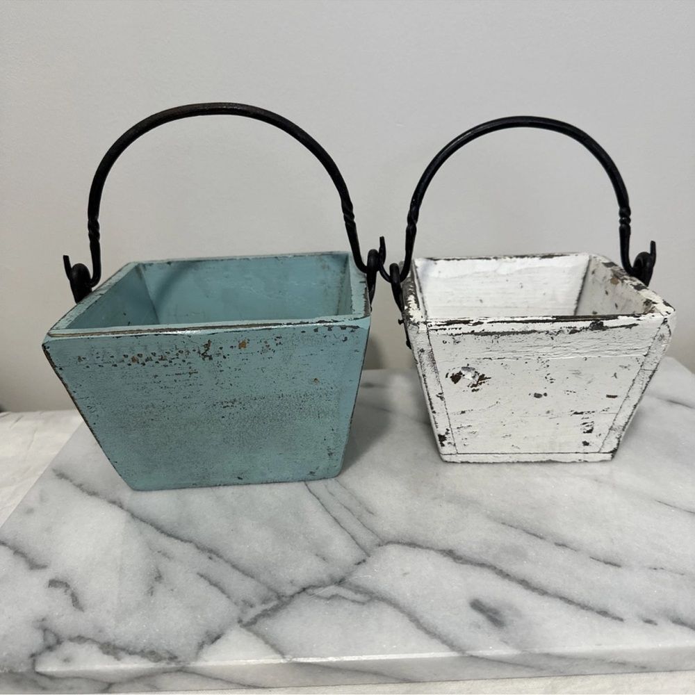 Antique wood buckets pails Rustic Metal Set of 2 - Blue and White